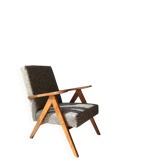 Fauteuil vintage design en tissu noir mélangé, bois couleur noyer.