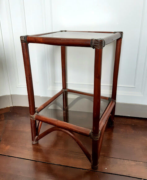 Rattan shelf and smoked glass 1970
