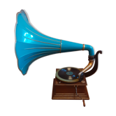 Gramophone en parfait état de fonctionnement, pavillon turquoise