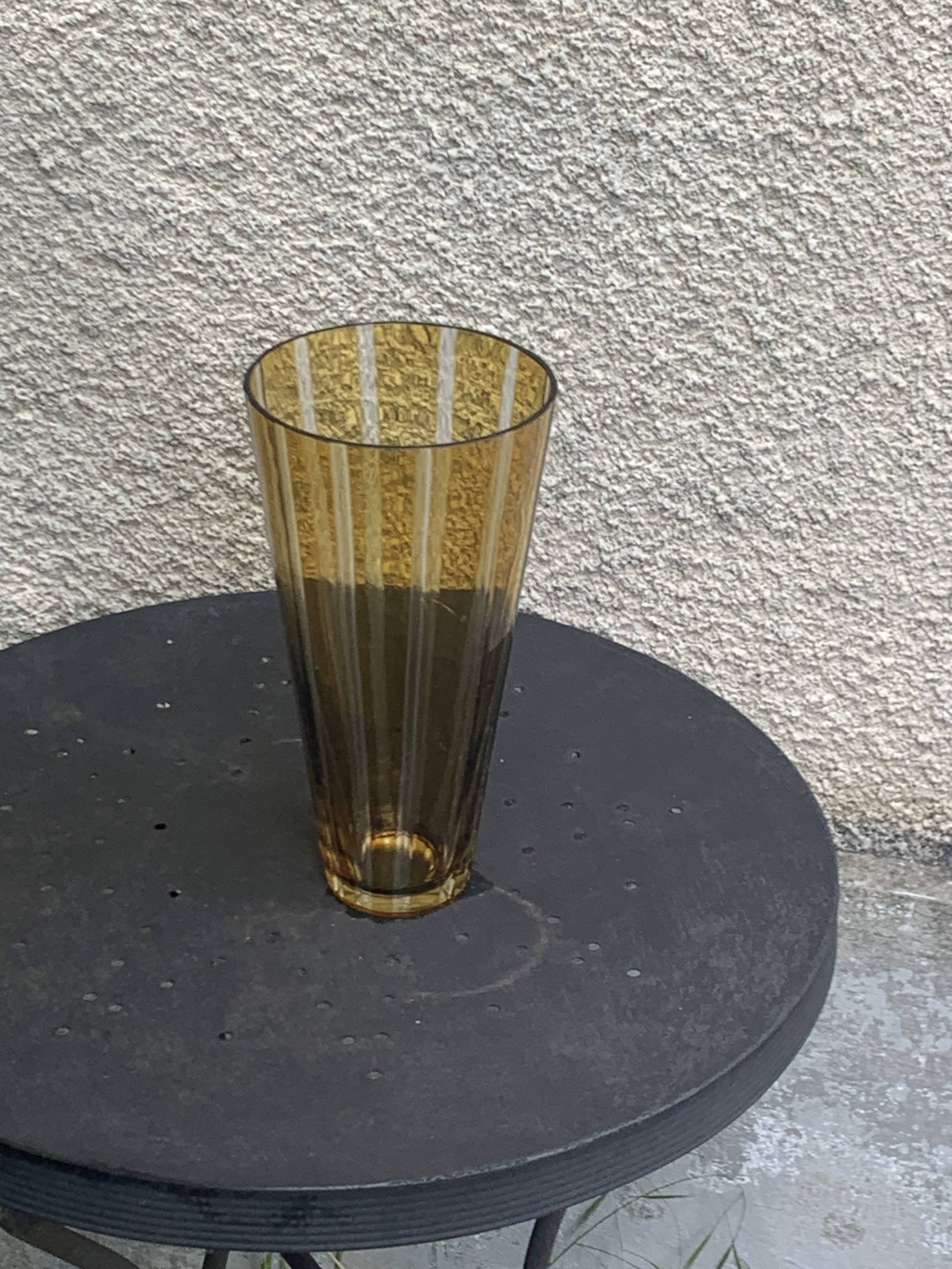 Bayadere patterned vase in glass, transparent and vintage ochre