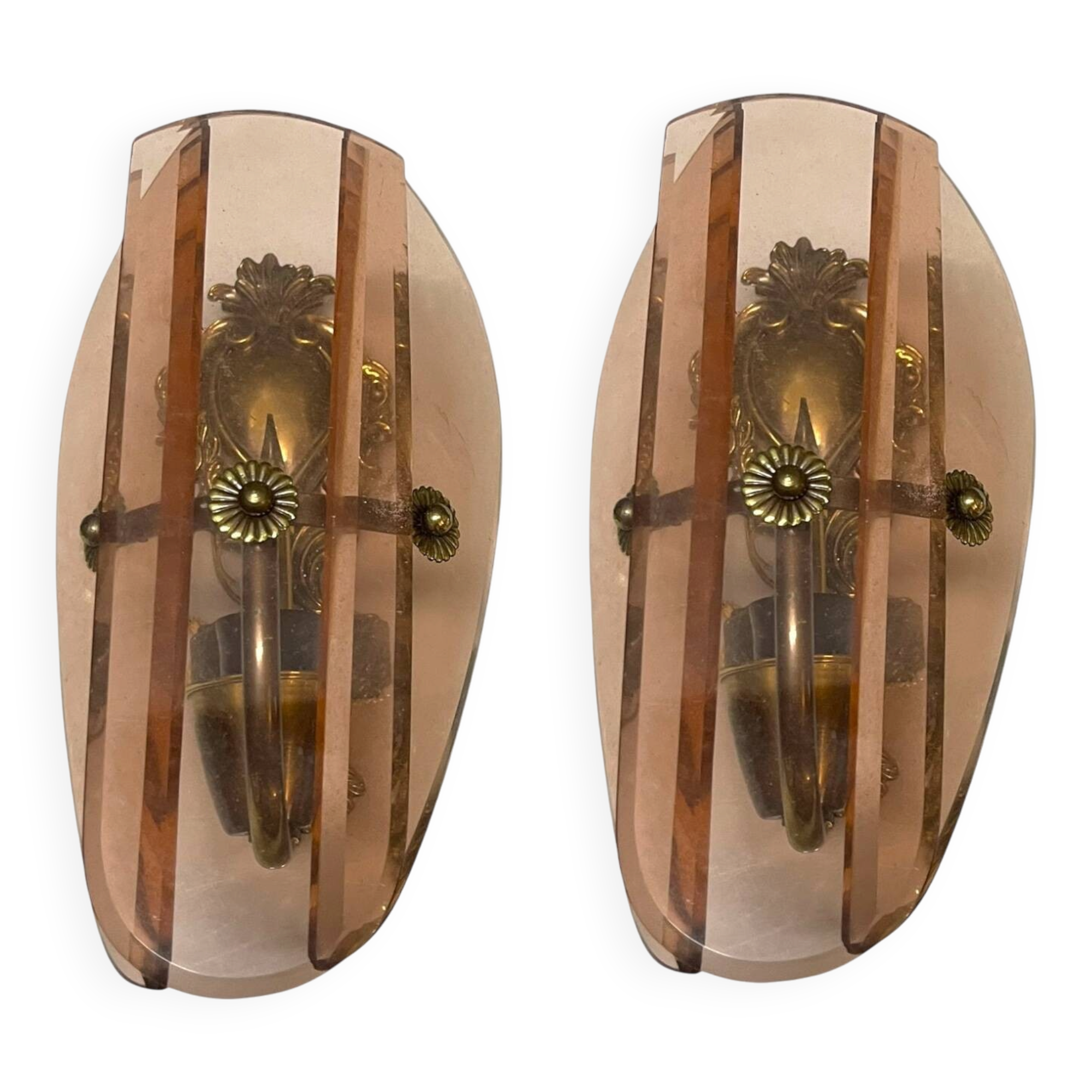 Appliques murales en bronze italien et verre rose, années 1950, ensemble de 2