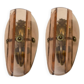 Italian Bronze and Pink Glass Wall Sconces, 1950s set of 2