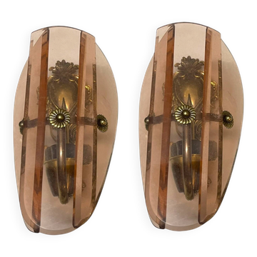 Italian Bronze and Pink Glass Wall Sconces, 1950s set of 2