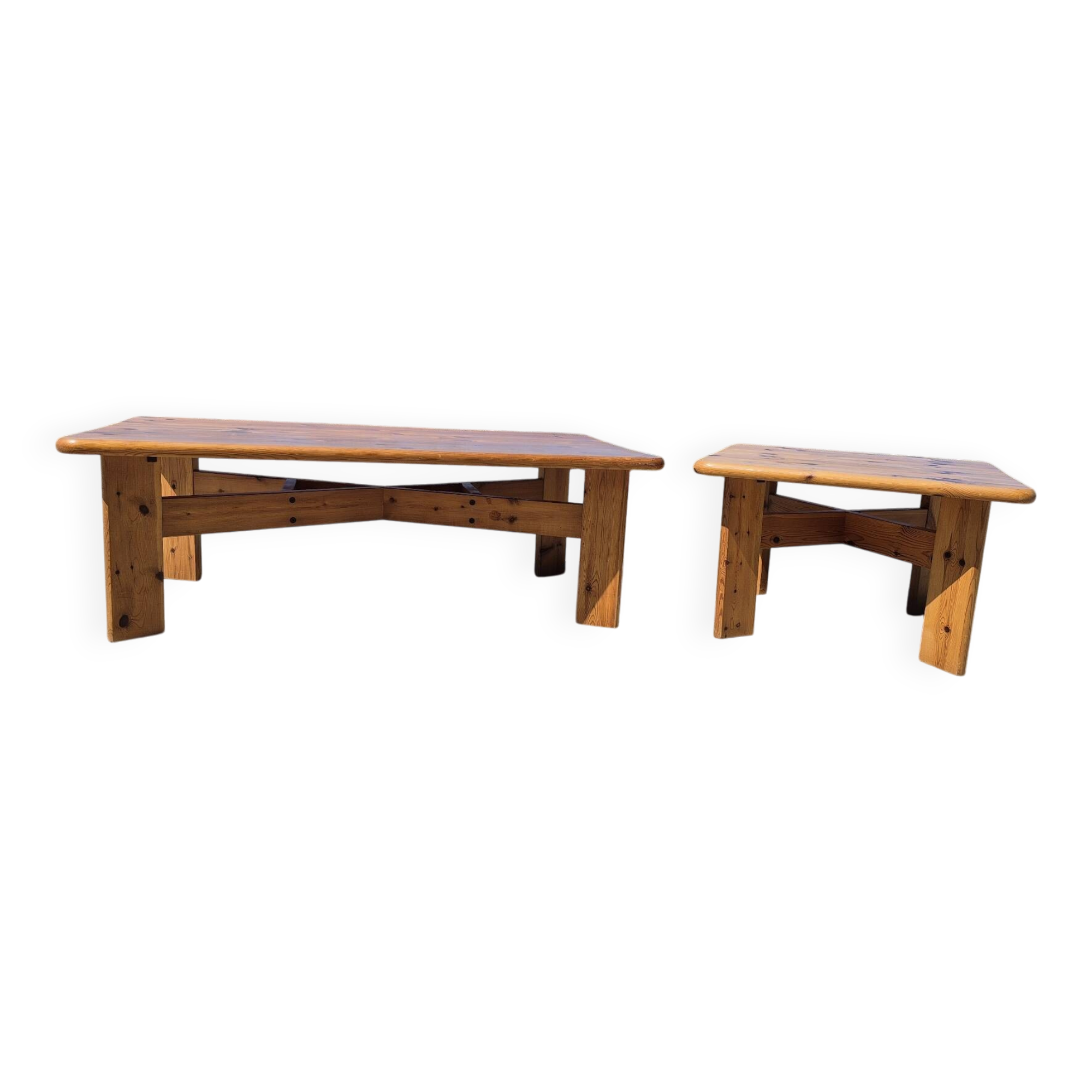 Vintage set pine coffee table and corner table