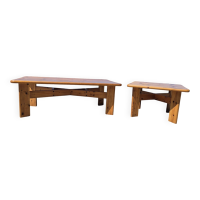 Ensemble vintage de table basse en pin et table d'angle.