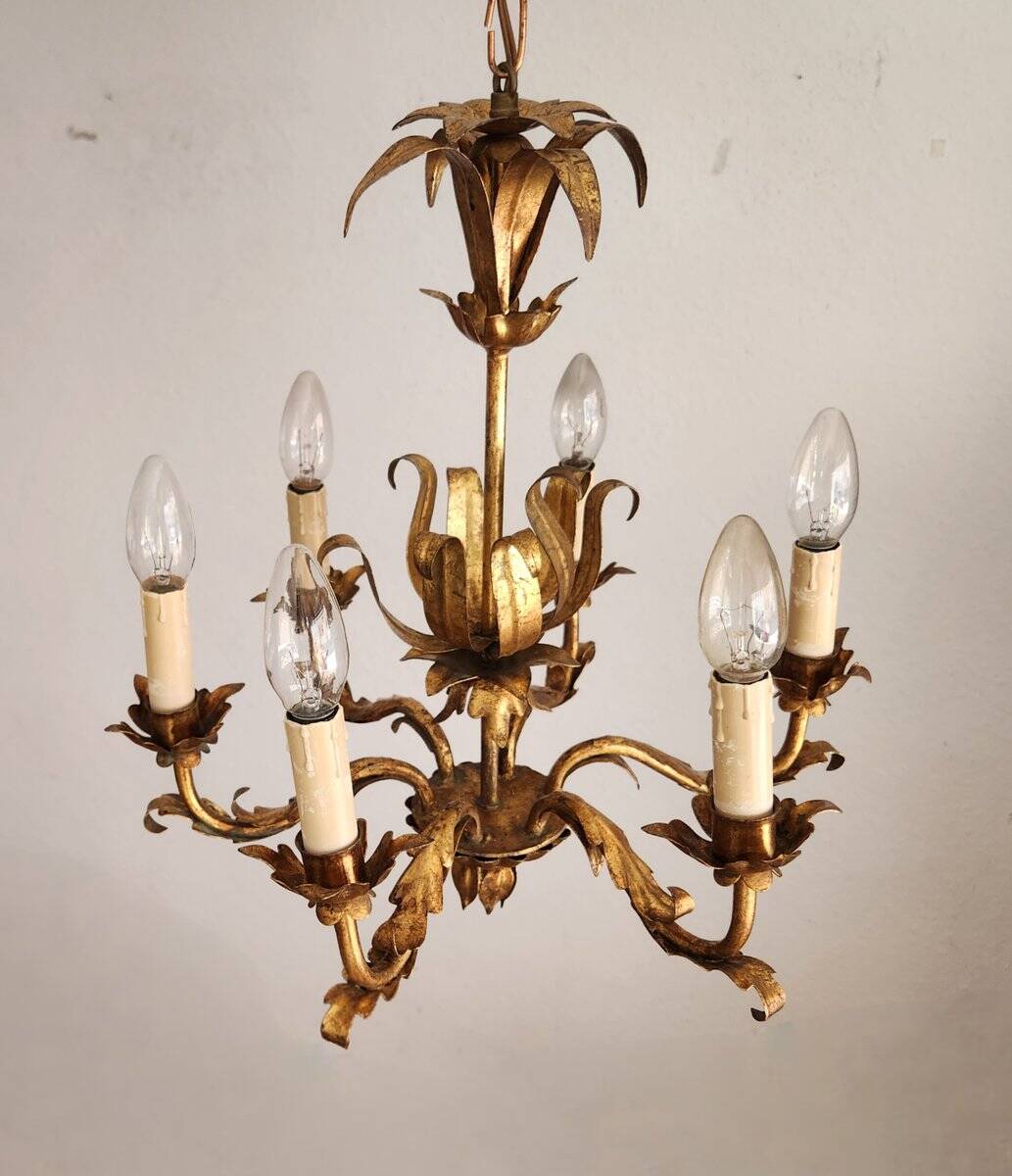 Vintage Hollywood Regency 6 light Chandelier gilded Italy Florence 1950-60