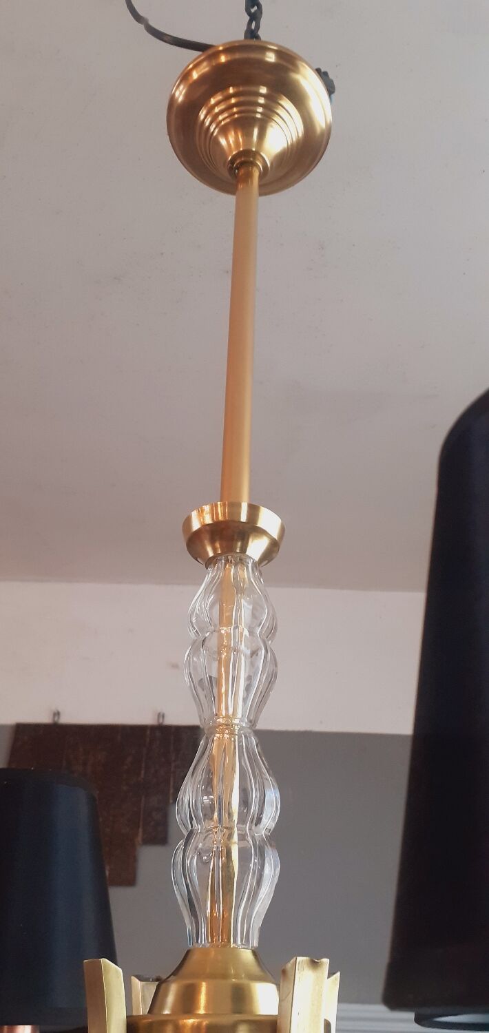 Vintage chandelier year 50 in brass and molded glass