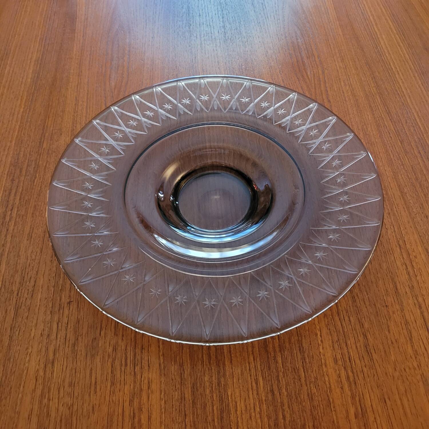 Large smoked glass bowl with star engraving – 1950s