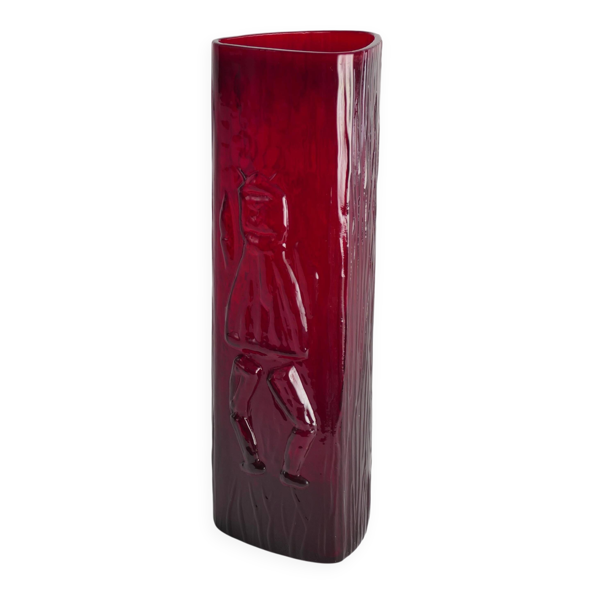 Swedish Red Devil Triangular Glass Vase by Christer Sjögren for Lindshammar