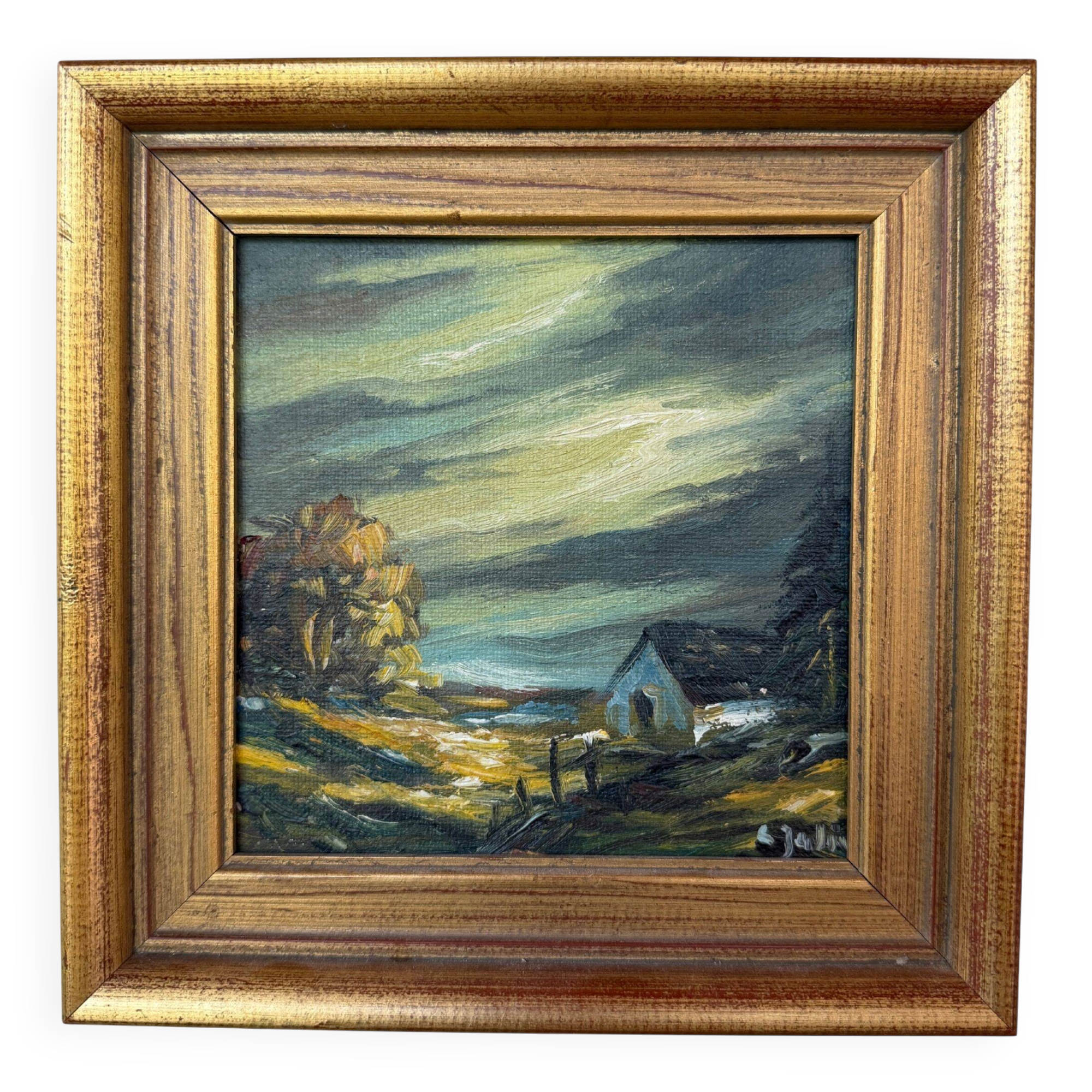 Small vintage painting of a countryside landscape – Oil on canvas – Old house