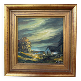 Small vintage painting of a countryside landscape – Oil on canvas – Old house