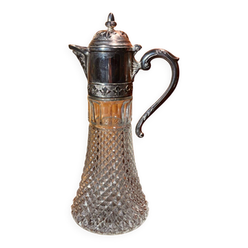 Belle carafe aiguière verre moulé,  monture régule argenté, vintage
