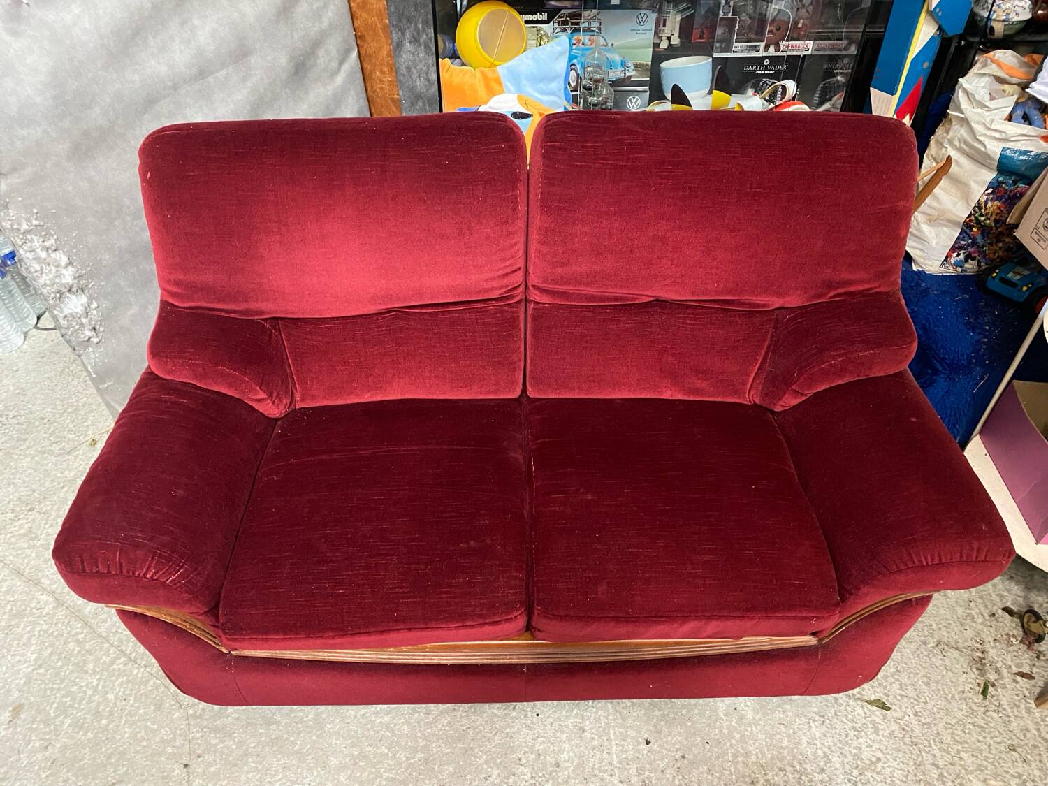 Old Art Deco Sofa in Bordeaux Red Velvet & Wood Decor