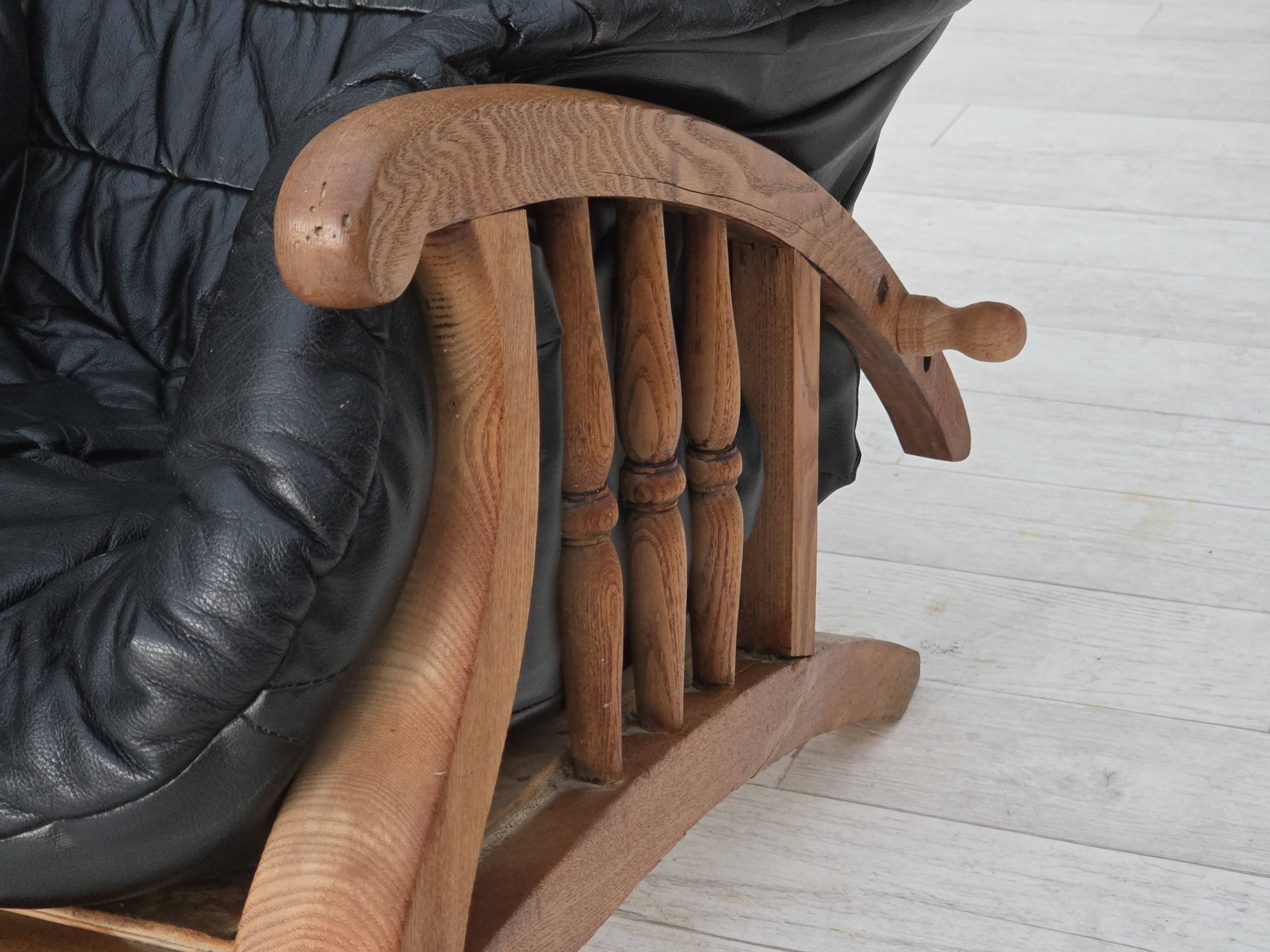 1950s, vintage adjustable armchair, black leather, ash wood.