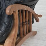 1950s, vintage adjustable armchair, black leather, ash wood.