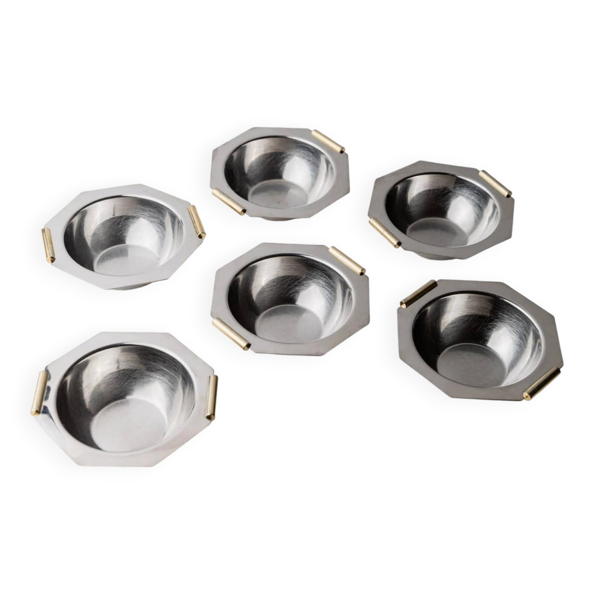 1980s vintage bowls, set of 8, stainless steel with gold handles.