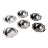 1980s vintage bowls, set of 8, stainless steel with gold handles.