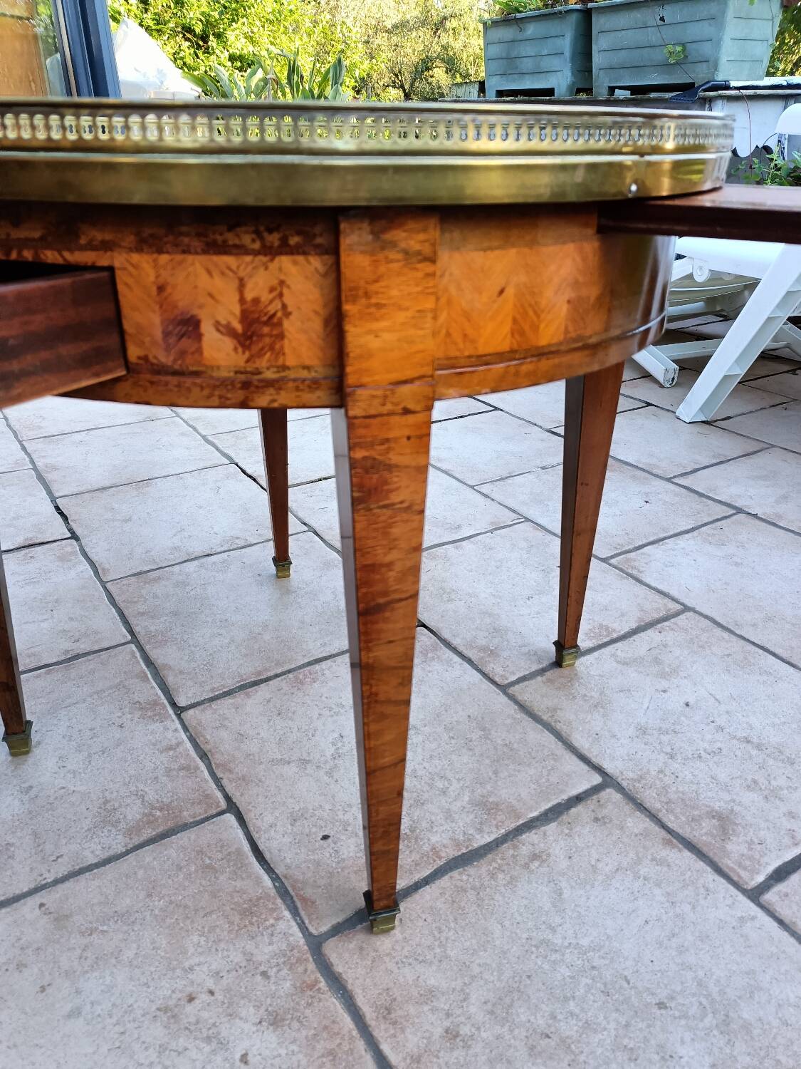 Antique Louis XVI style hot water bottle table with marble top