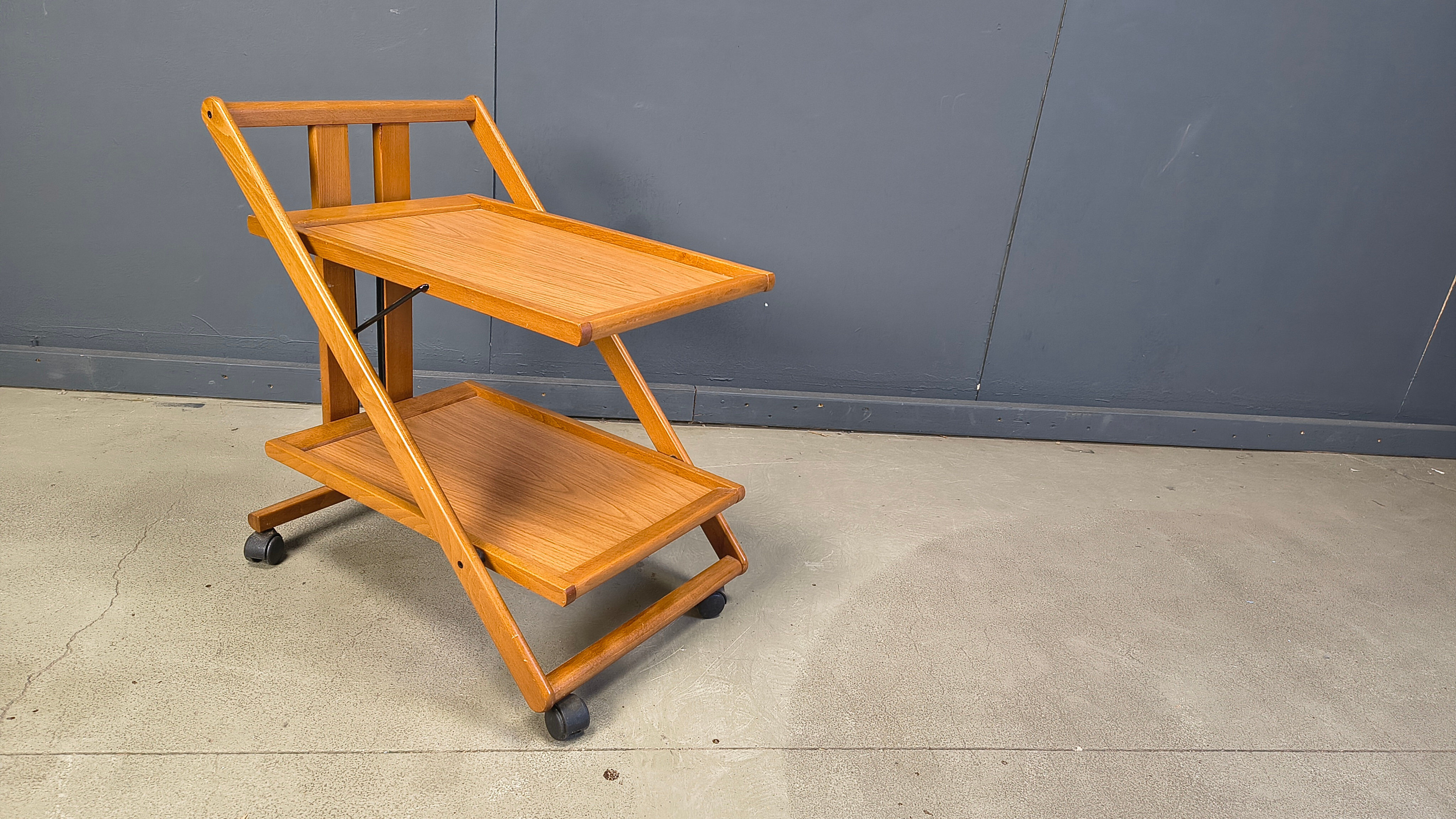 Vintage Italian foldable wooden serving cart, 1980s
