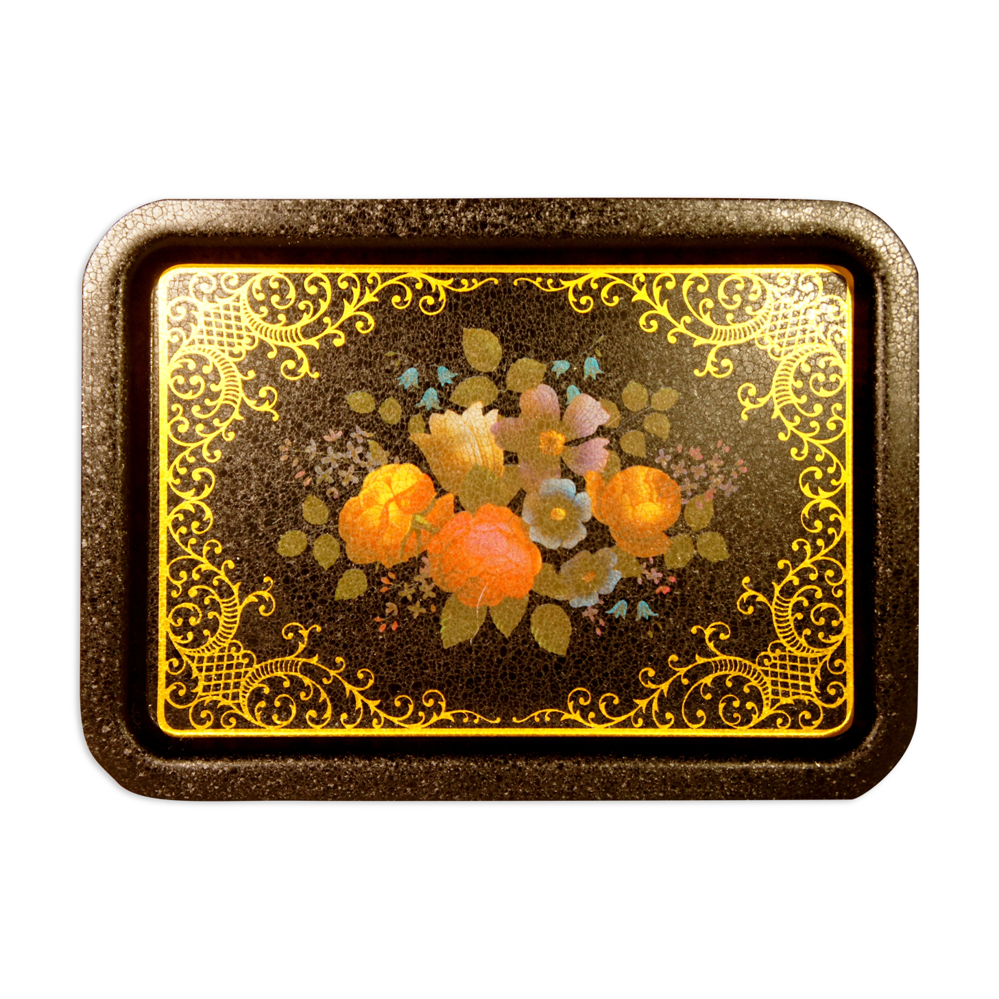 Flower tray in screen-printed sheet metal cracked effect