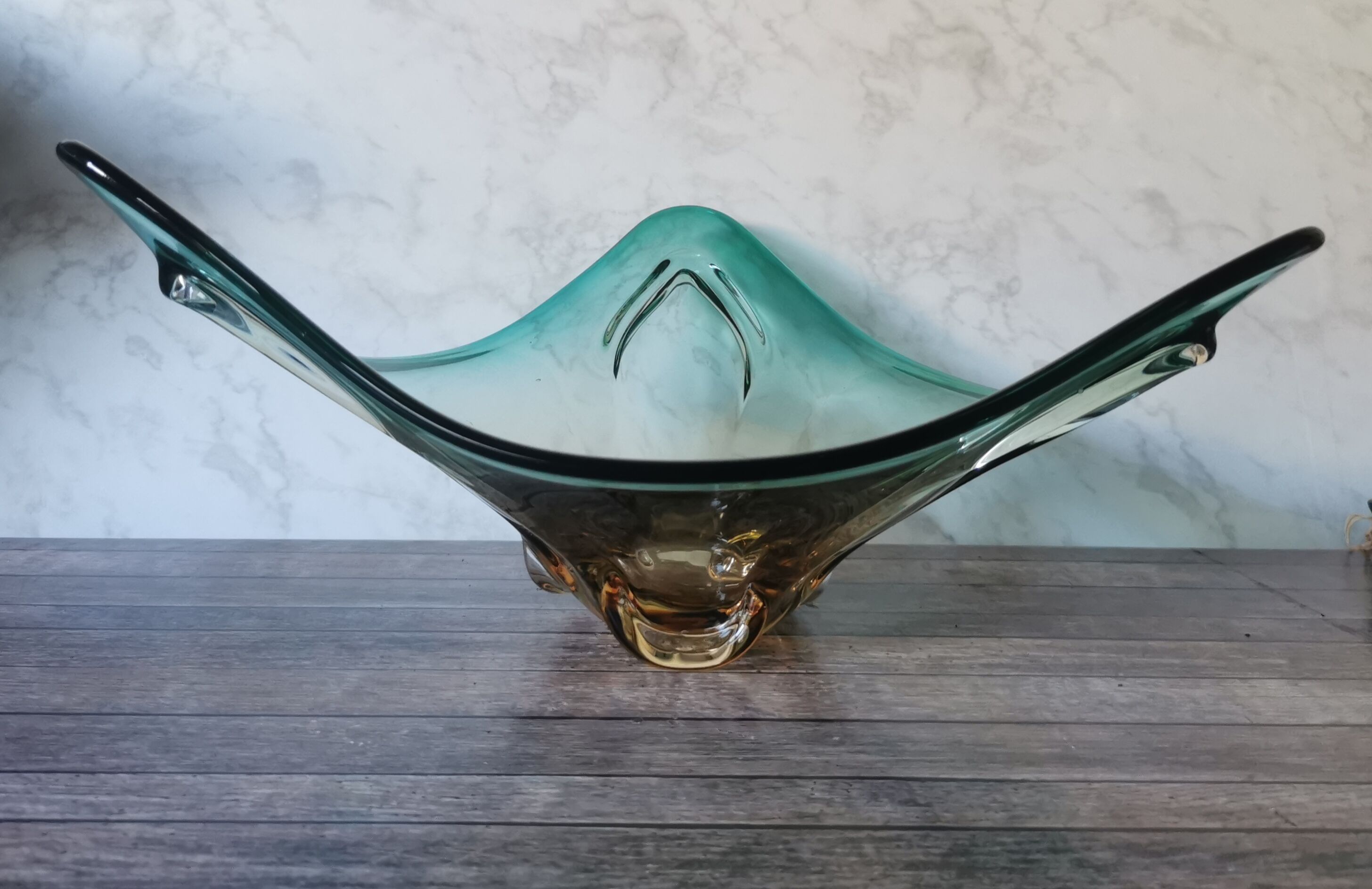 Large amber and green glass cup