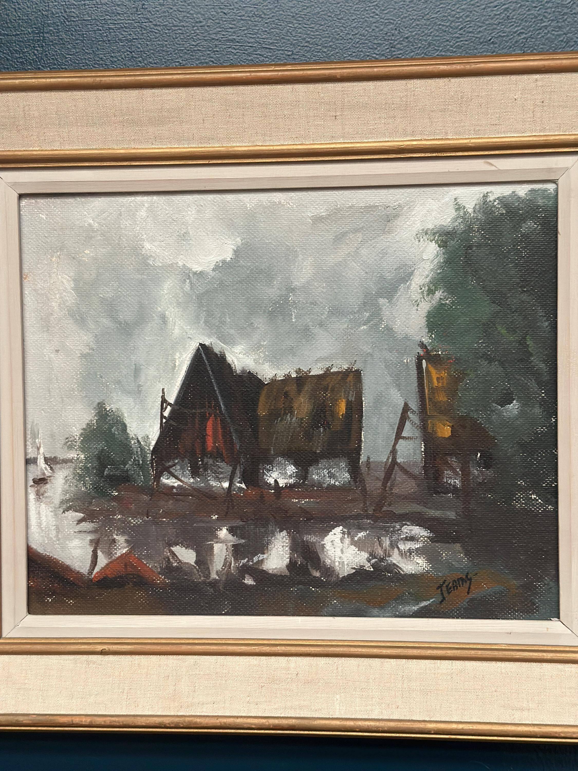 Original Swedish Oil on Panel – “Cabin by the Water” by Jeams – Signed