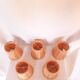 5 lampshades with clips for chandelier, 60s, pleated taffetas peach and golden trimmings