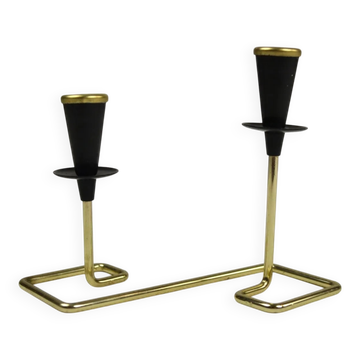 Brass Squared Candle Sticks with Black Painted Metal Candle Holders by Gunnar Ander for Ystad-Metall, Sweden, 1960s