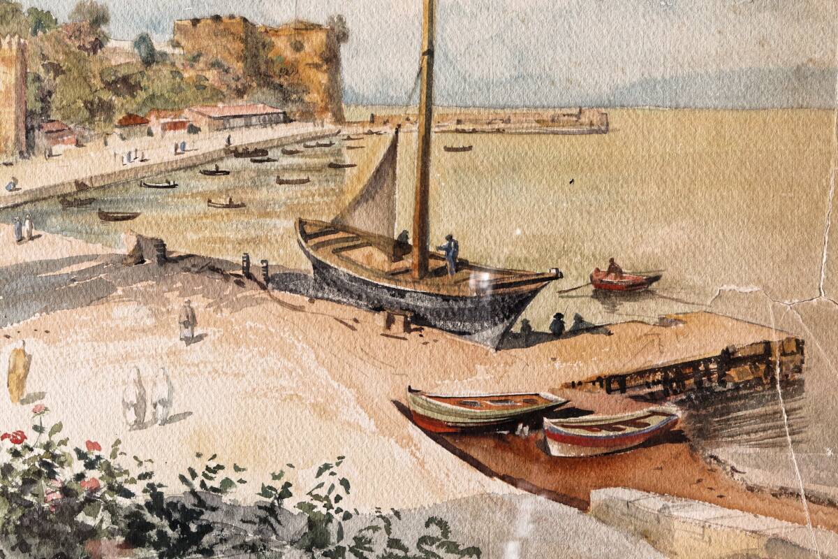Orientalist watercolor, animated landscape, Mediterranean port