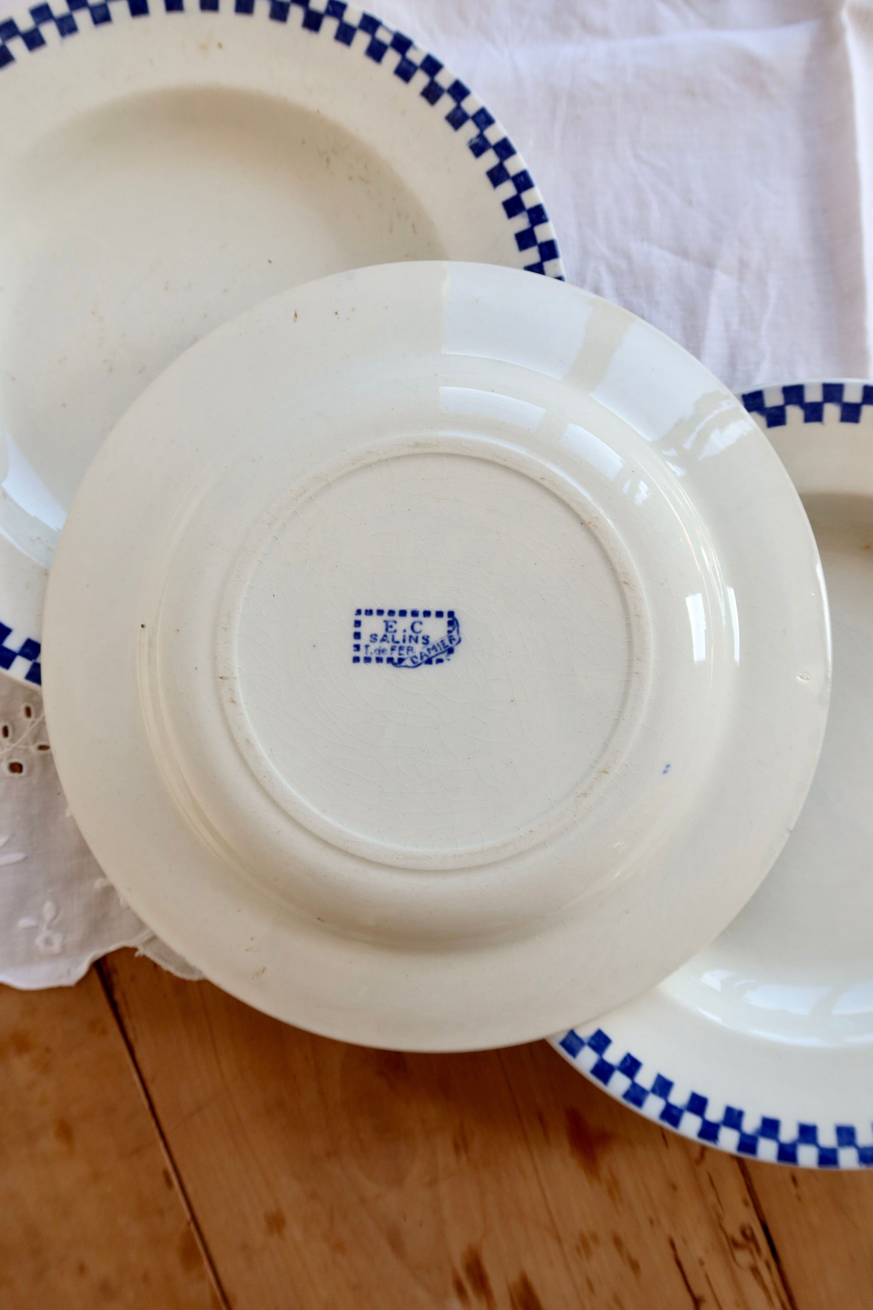 4 antique deep plates, ironstone Salins - Damier model