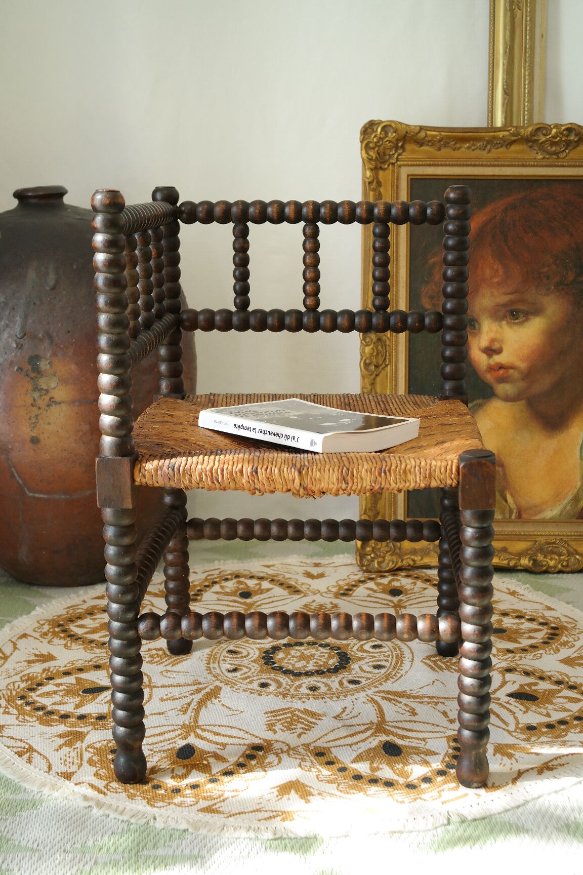 Pair of chairs corner fireplace turned beaded wood