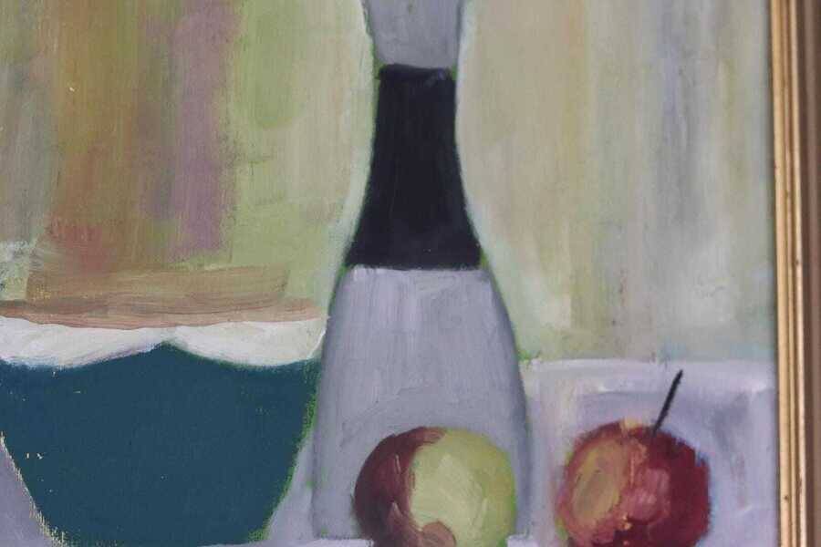 Original Mid Century  Oil on Canvas – “Bowl, Vase and Fruit” by K. W. N.