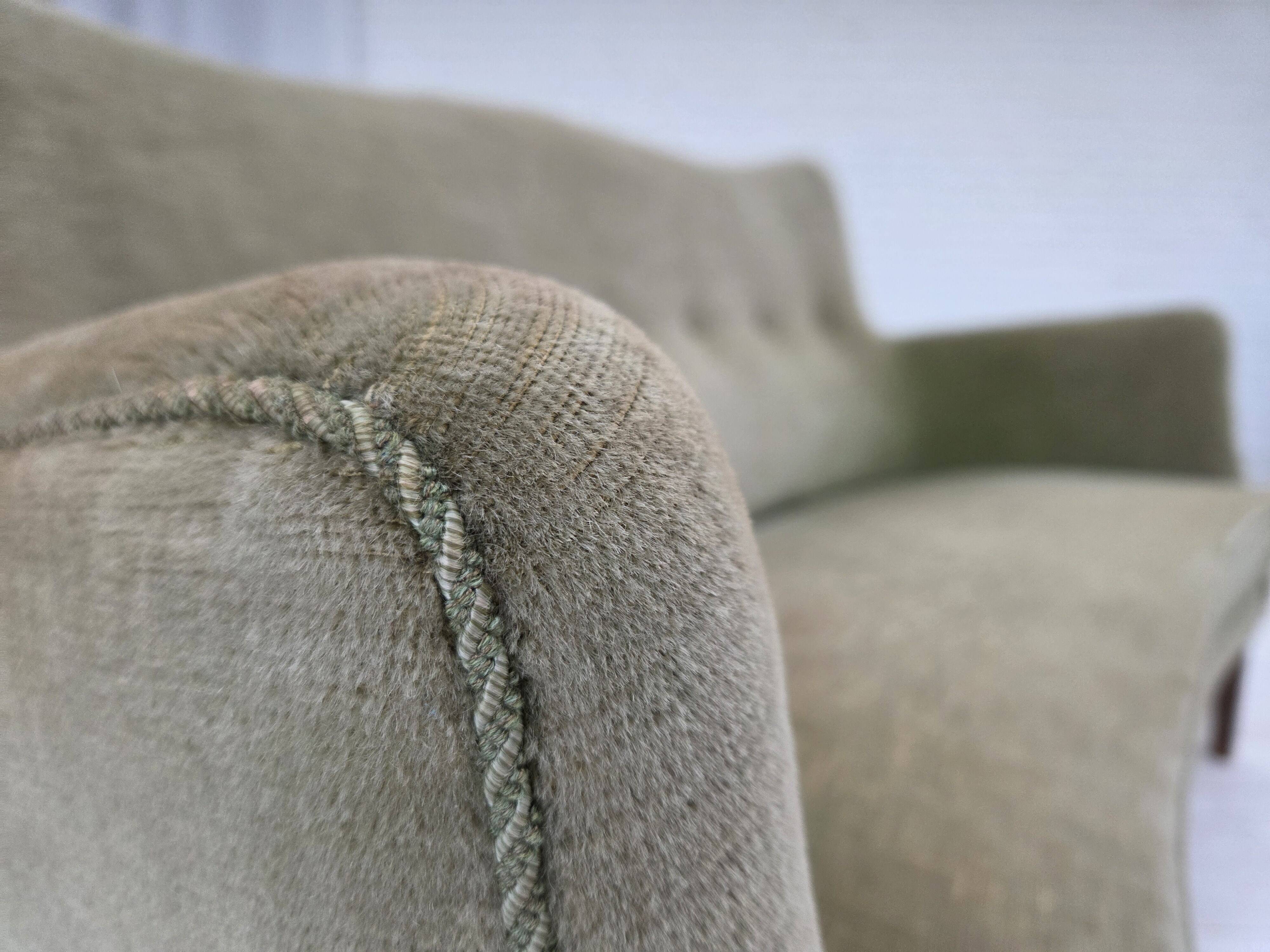 1960s, Danish curved 2-seater sofa, furniture velour, beech wood.