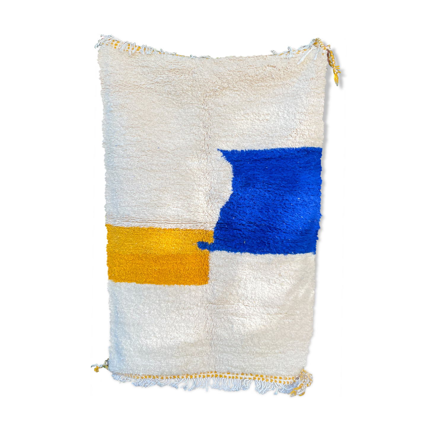 Berber carpet béni ouarain modern white with abstract patterns mustard yellow and blue majorelle