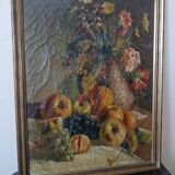 19th century oil painting on canvas depicting a vase of fruit