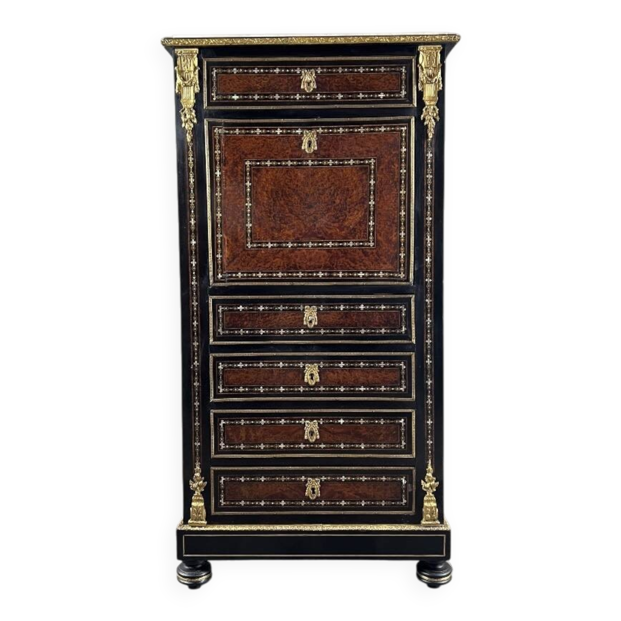 Secretary from the time of Napoleon III in marquetry and gilded bronzes, 19th century.