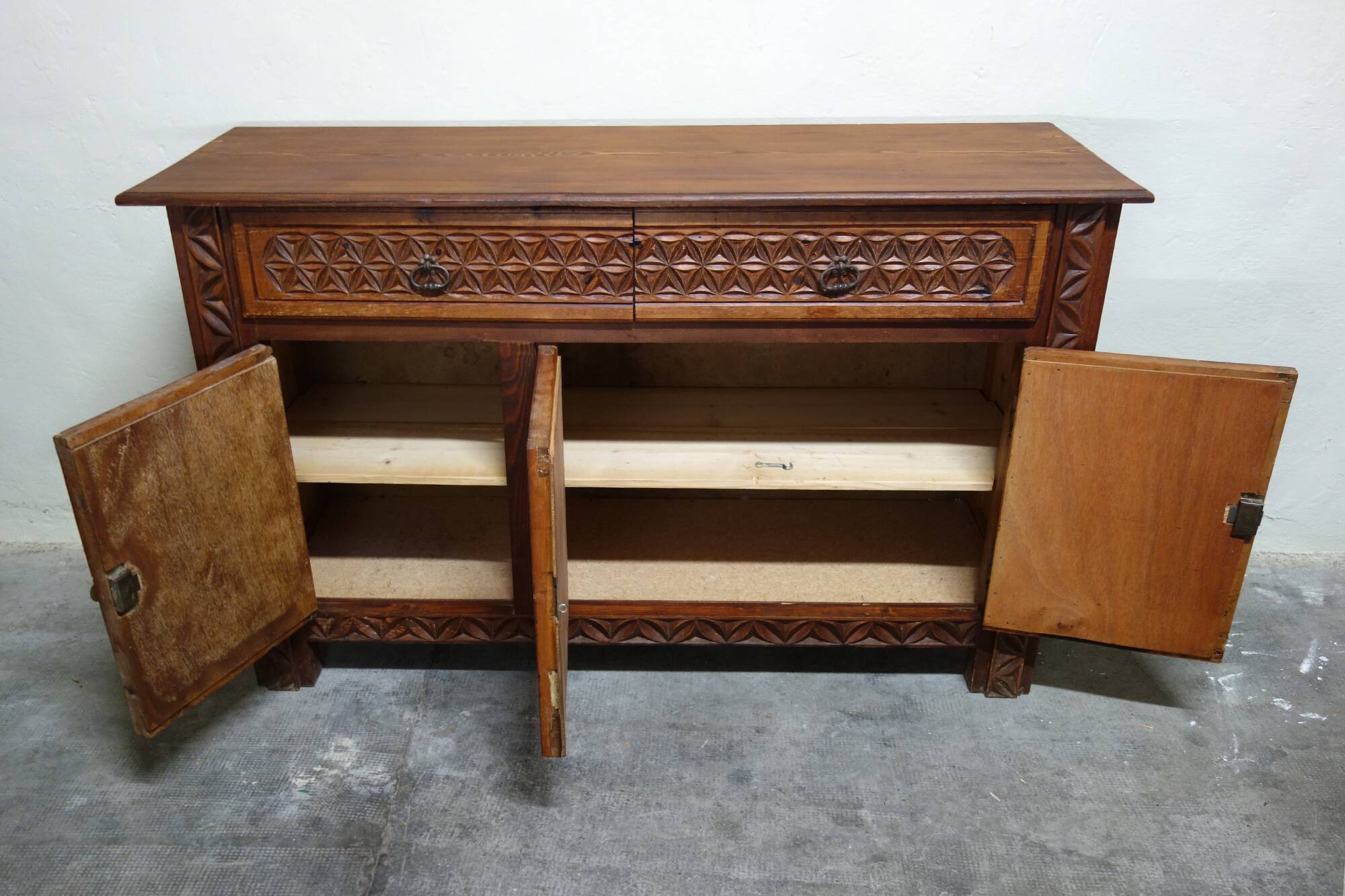 Carved pine sideboard, mountain folk art, 1950s