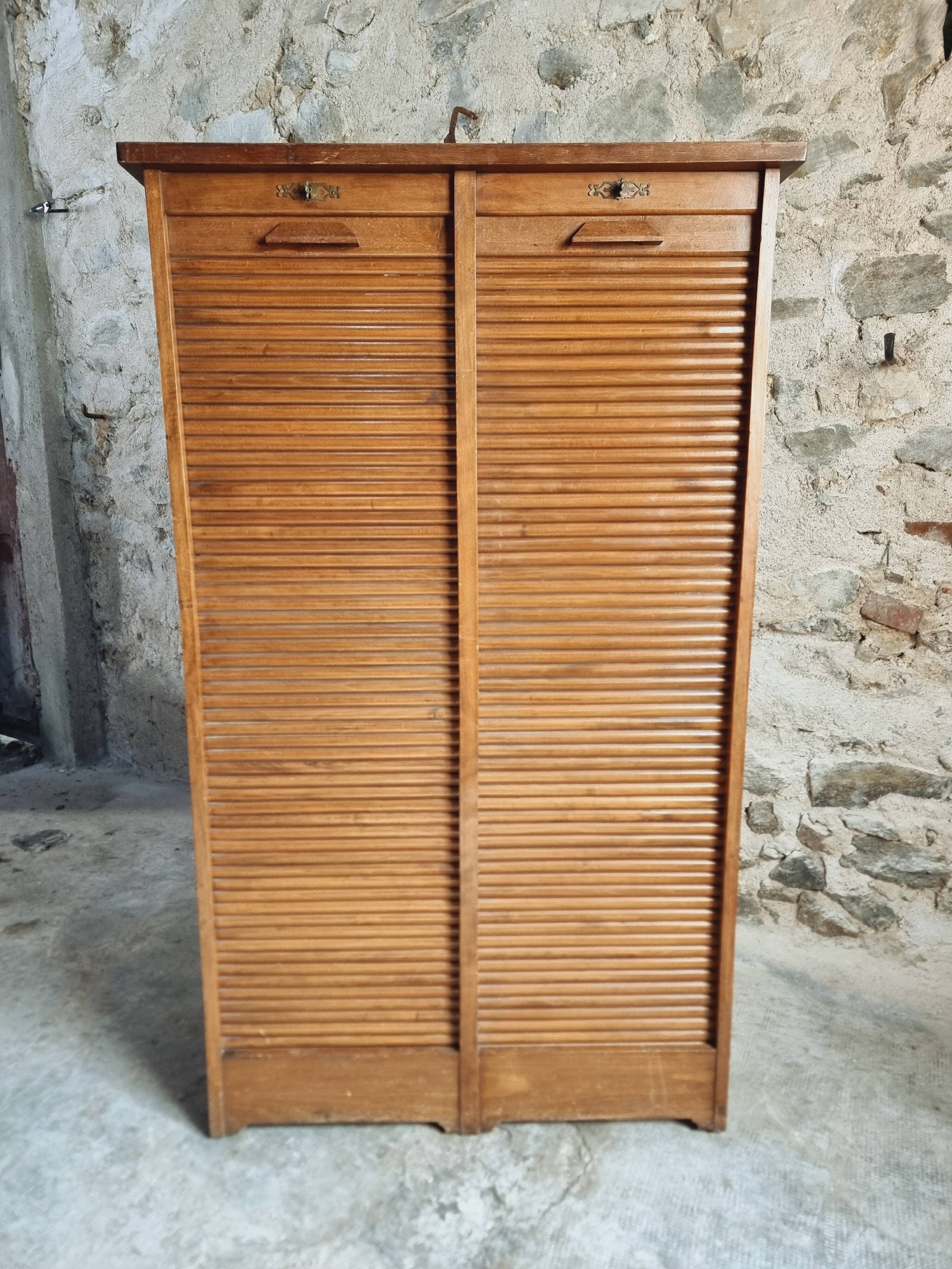 Antique filing cabinet with curtains – 1920s/30s – Beech