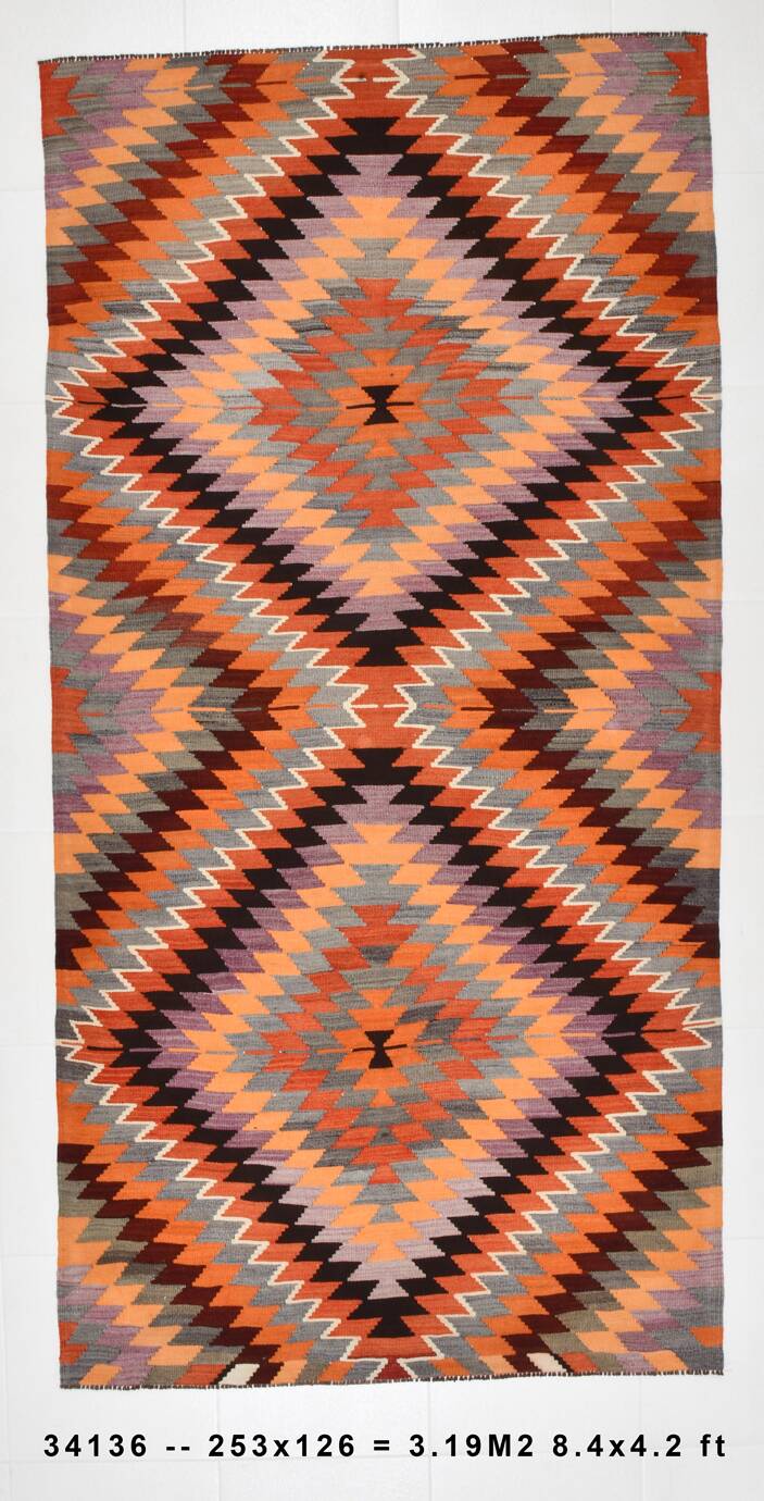 4x8 Multicolor Turkish Vintage Kilm,Bohemian Kilim Rug,125x253 Cm