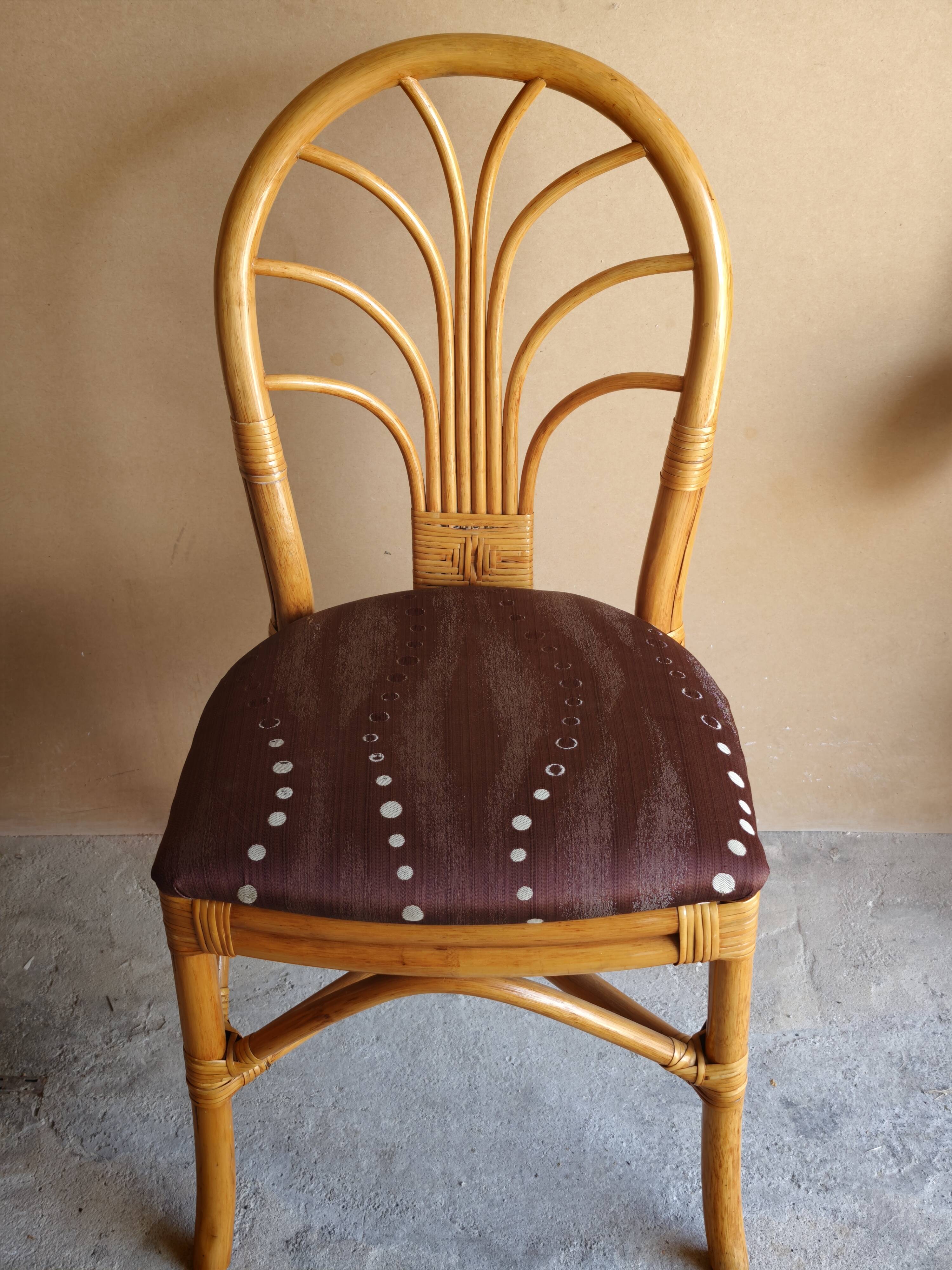 Set of 4 rattan and bamboo chairs, "fan" backrest, vintage 70s.
