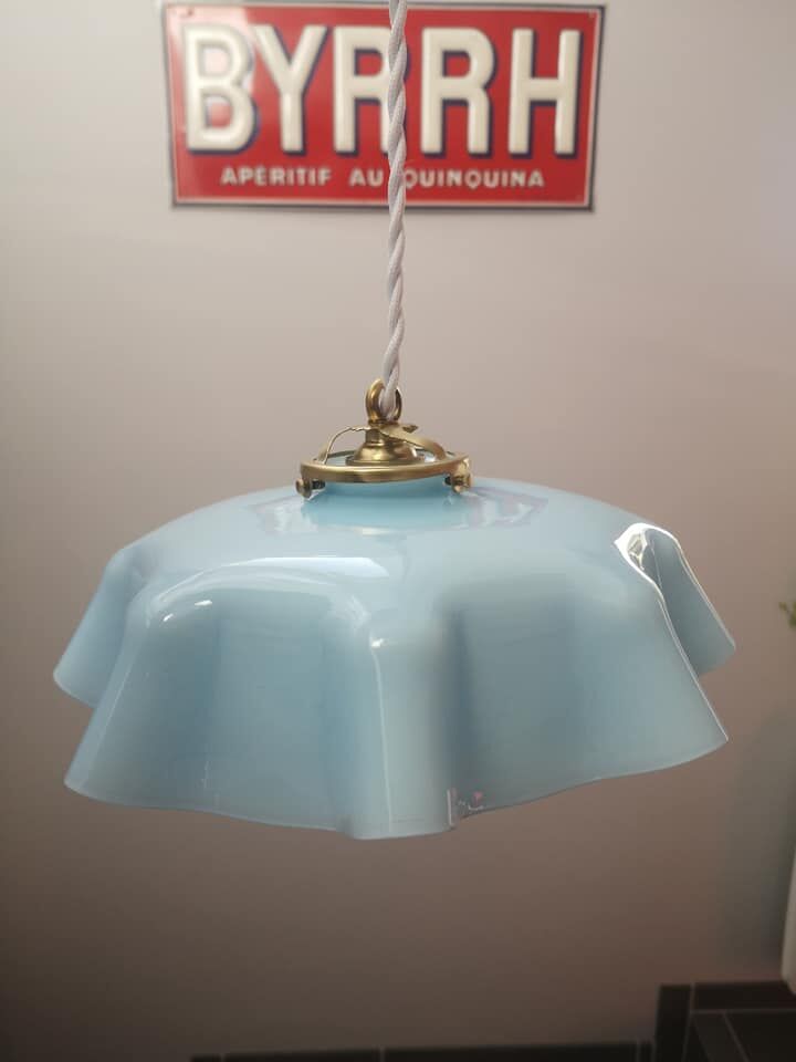 Old suspension lamp opaline blue hexagonal Art Deco 1930 TBE Ø 26.3 cm