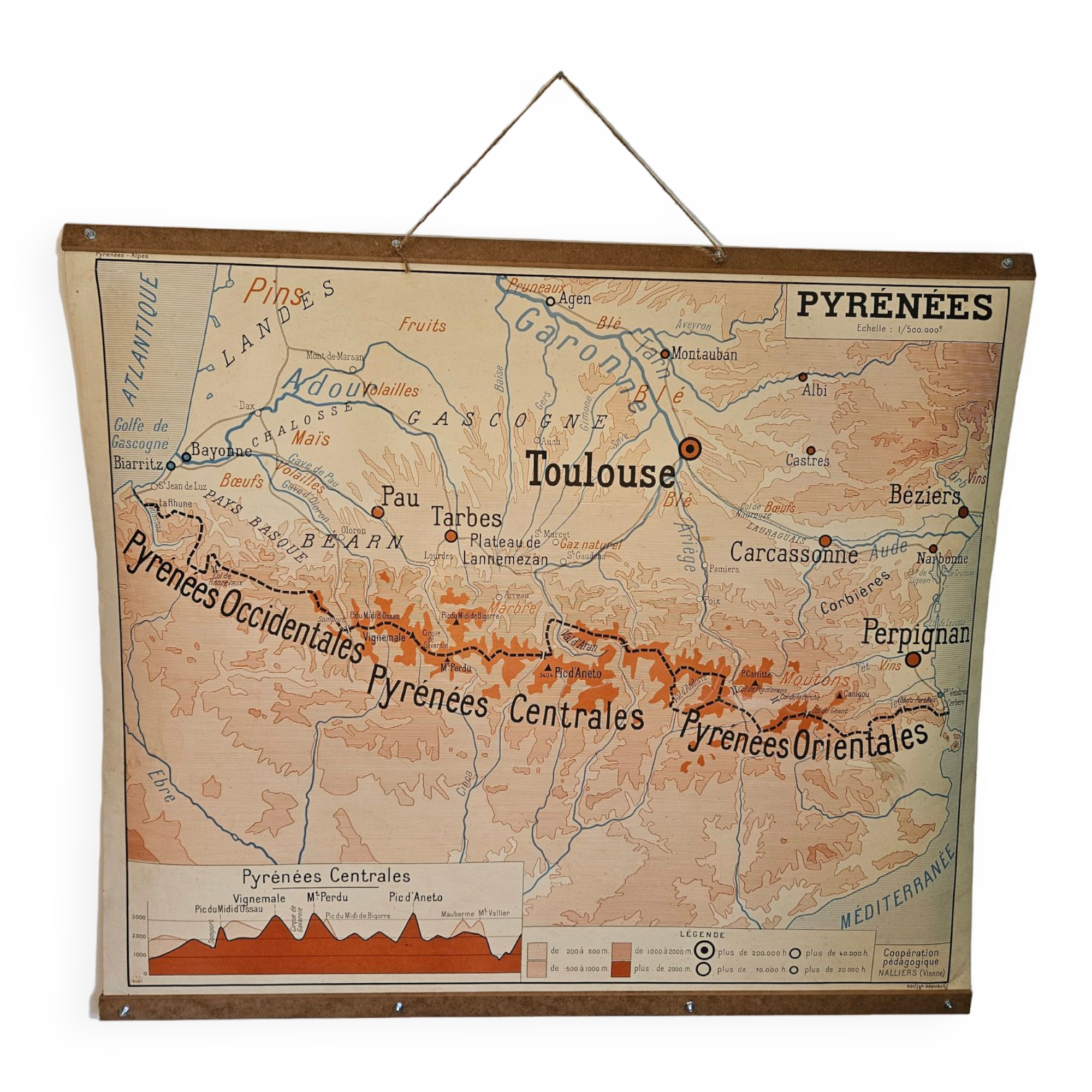 Old school map of geography 1960 Pyrenees and the Alps