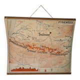 Old school map of geography 1960 Pyrenees and the Alps