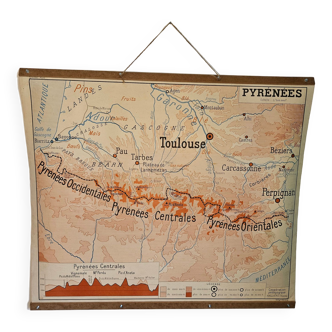 Old school map of geography 1960 Pyrenees and the Alps