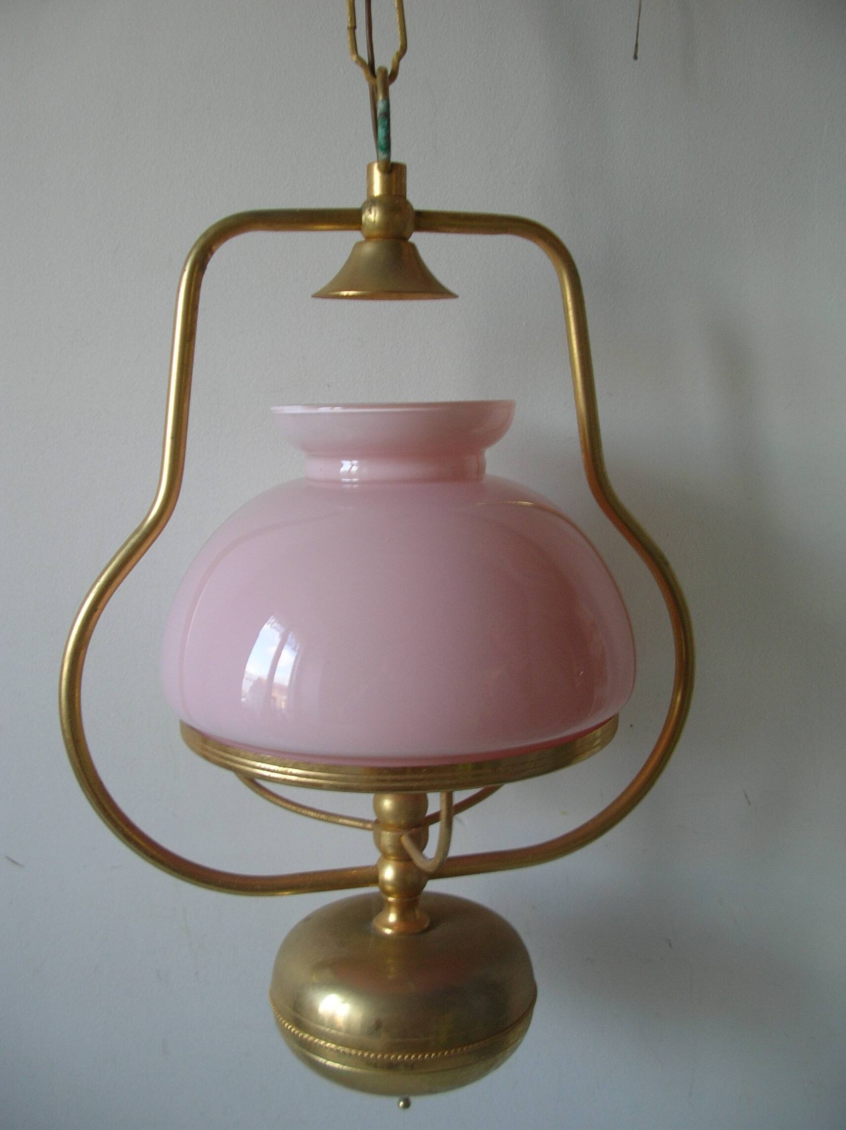 Old chandelier suspension light fixture in golden brass pearl pink opaline lampshade