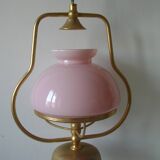 Old chandelier suspension light fixture in golden brass pearl pink opaline lampshade