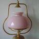 Old chandelier suspension light fixture in golden brass pearl pink opaline lampshade