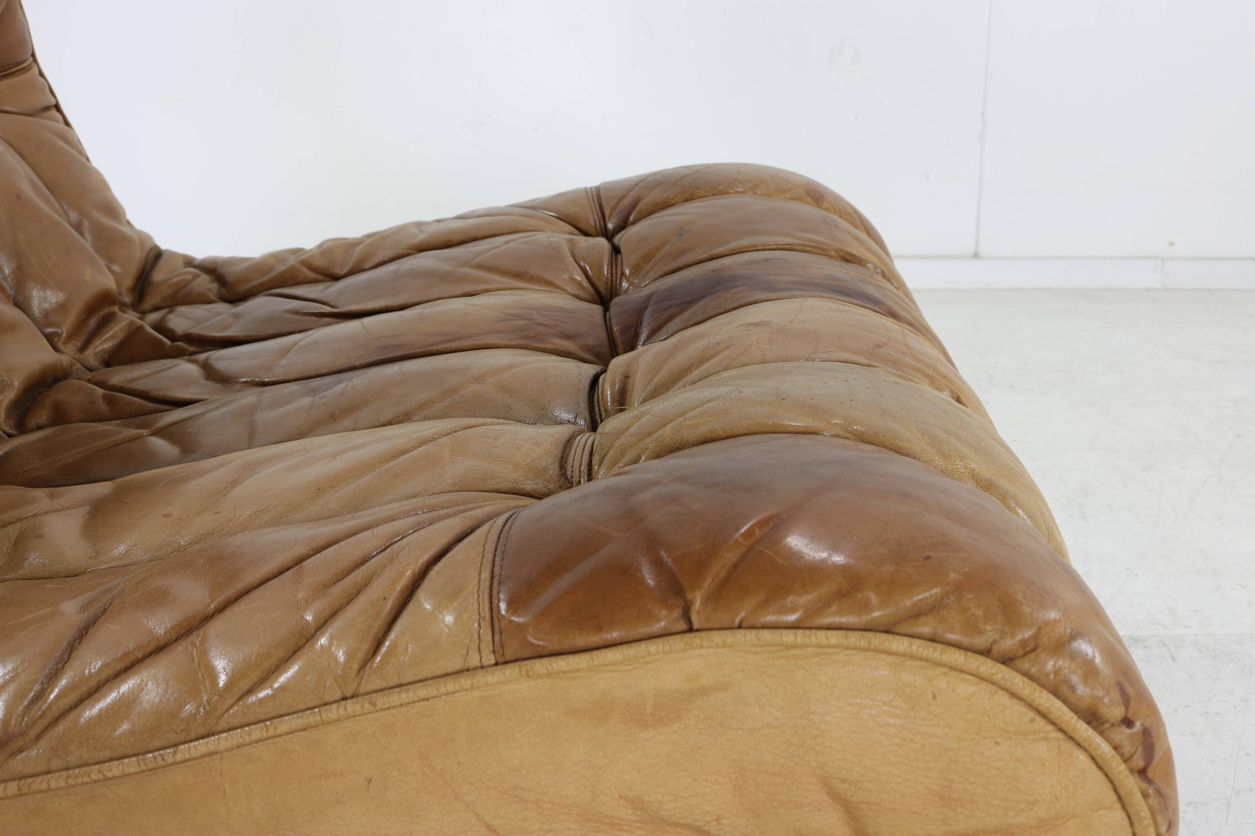 70s living room set in cognac brown leather with black wenge wood frame