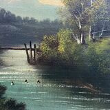 Lively mountainous landscape painting with river, gilded stucco wood frame, late 19th century