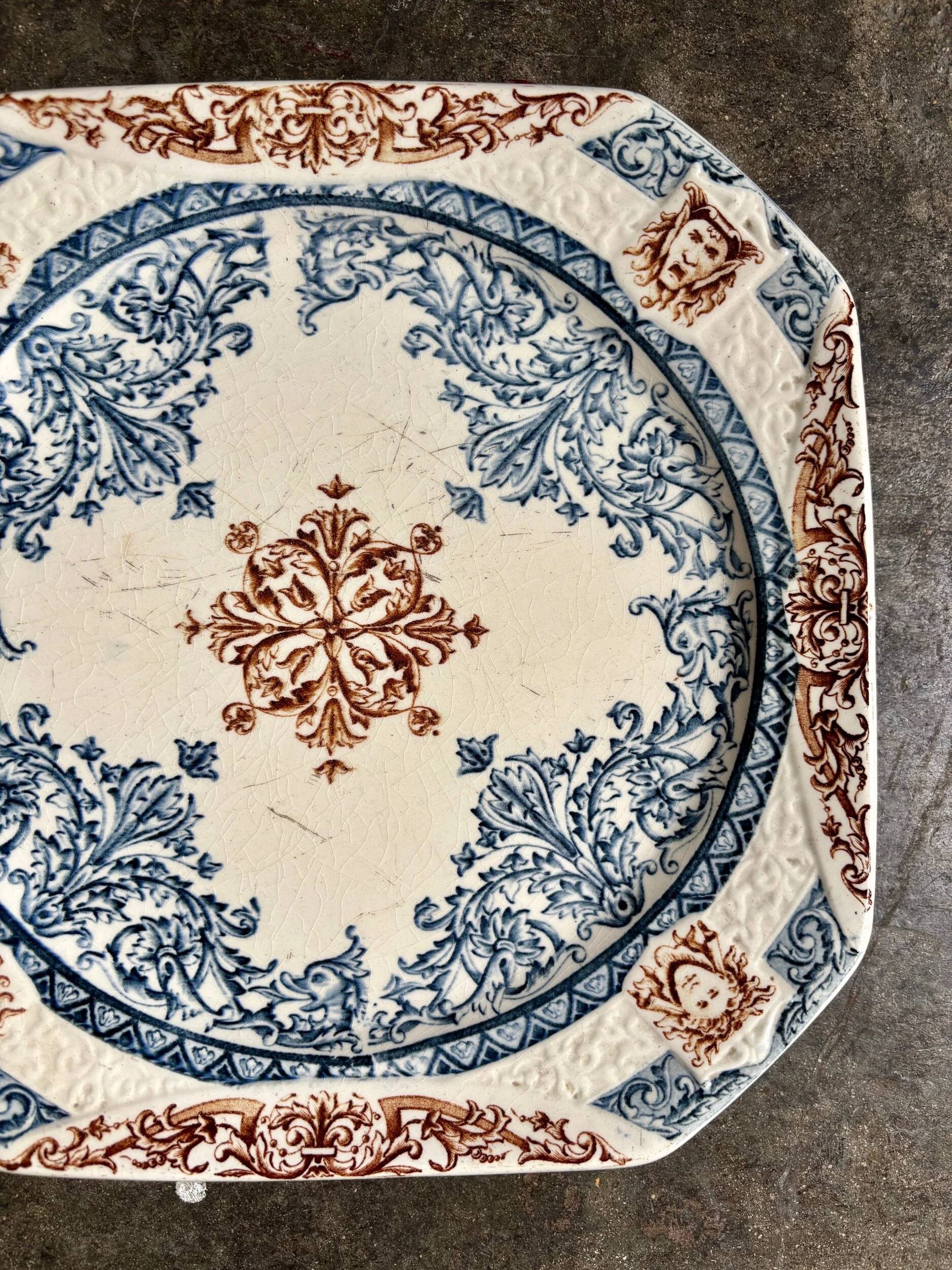 Longchamp square dish in blue and brown ironstone, "Diane" service